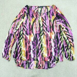 Riley Rae Sheer Blouse Women Size Medium Purple Black Leaf Long Sleeve Polyester